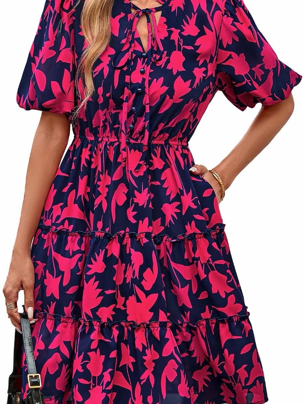 Floral Tie-Neck Midi Dress in Navy & Fuchsia